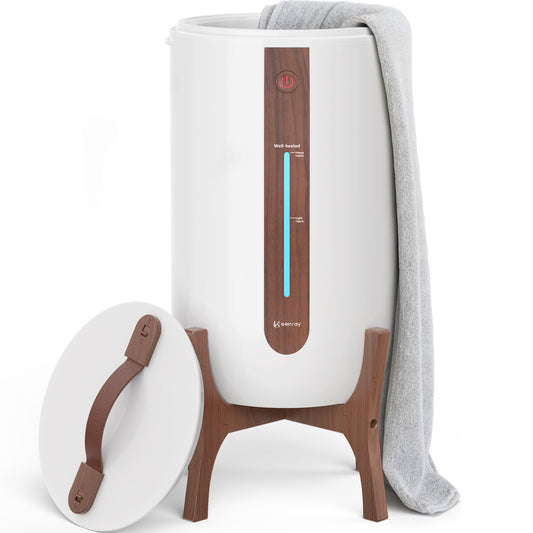 Keenray Towel Warmer for Bathroom with Wooden Stand, Towel Warmer Bucket with Heating Progress Bar, Fragrant Disc Holder, Auto Shut-Off Towel Bucket Fits Up to Two 40" x 70" Oversized Towels